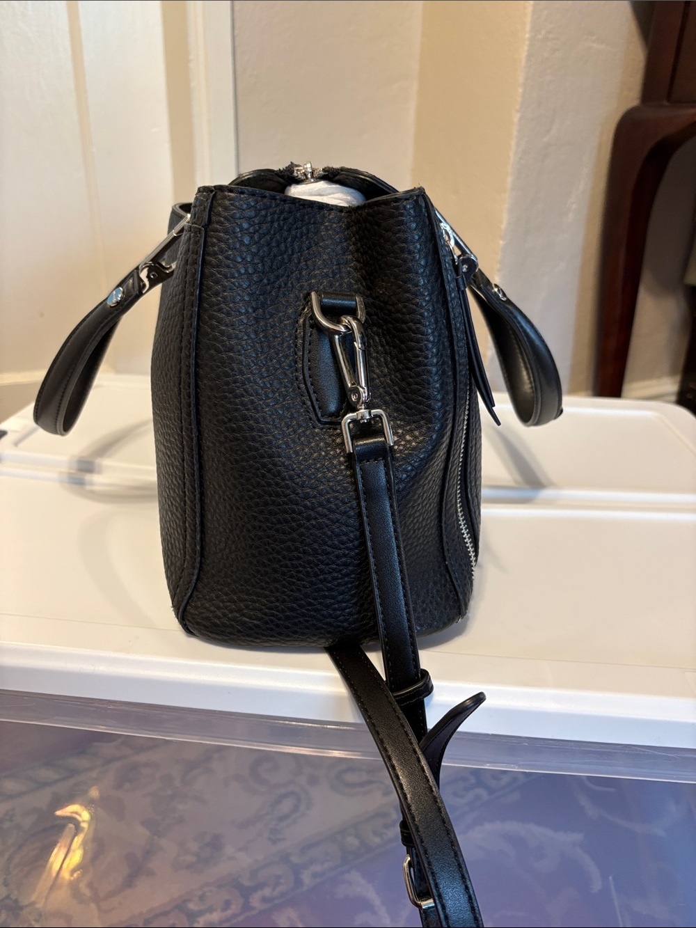 Calvin Klein Black Pebbled PU Leather Top-Handle Garnet Tote - Picture 5 of 15